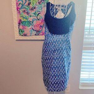 NWT Gretchen Scott designs Blue Beaded Yoke Sleeveless Ikat Print Sheath Dress